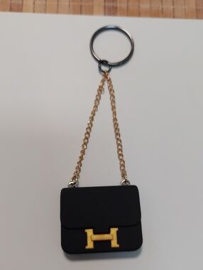 Keychain, Luxury Designer Mini Bag, Black with Gold Monogram